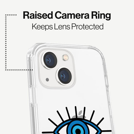 iPhone 13 Blue Evil Eye Design Clear Case White Floral with MagSafe (Raise Camera Ring that Keeps Lens Protected)
