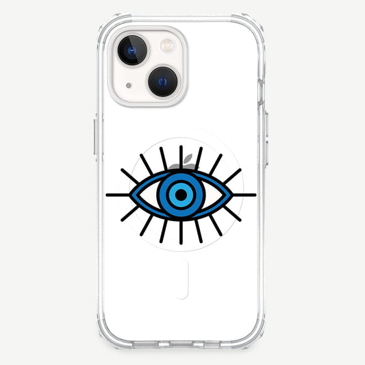 iPhone 13 Blue Evil Eye Design Clear Case White Floral with MagSafe (Front View)