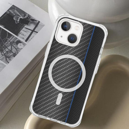 iPhone 13 Mini Blue Line Design Clear Case Black Carbon Fiber with MagSafe (On Top Of Table)