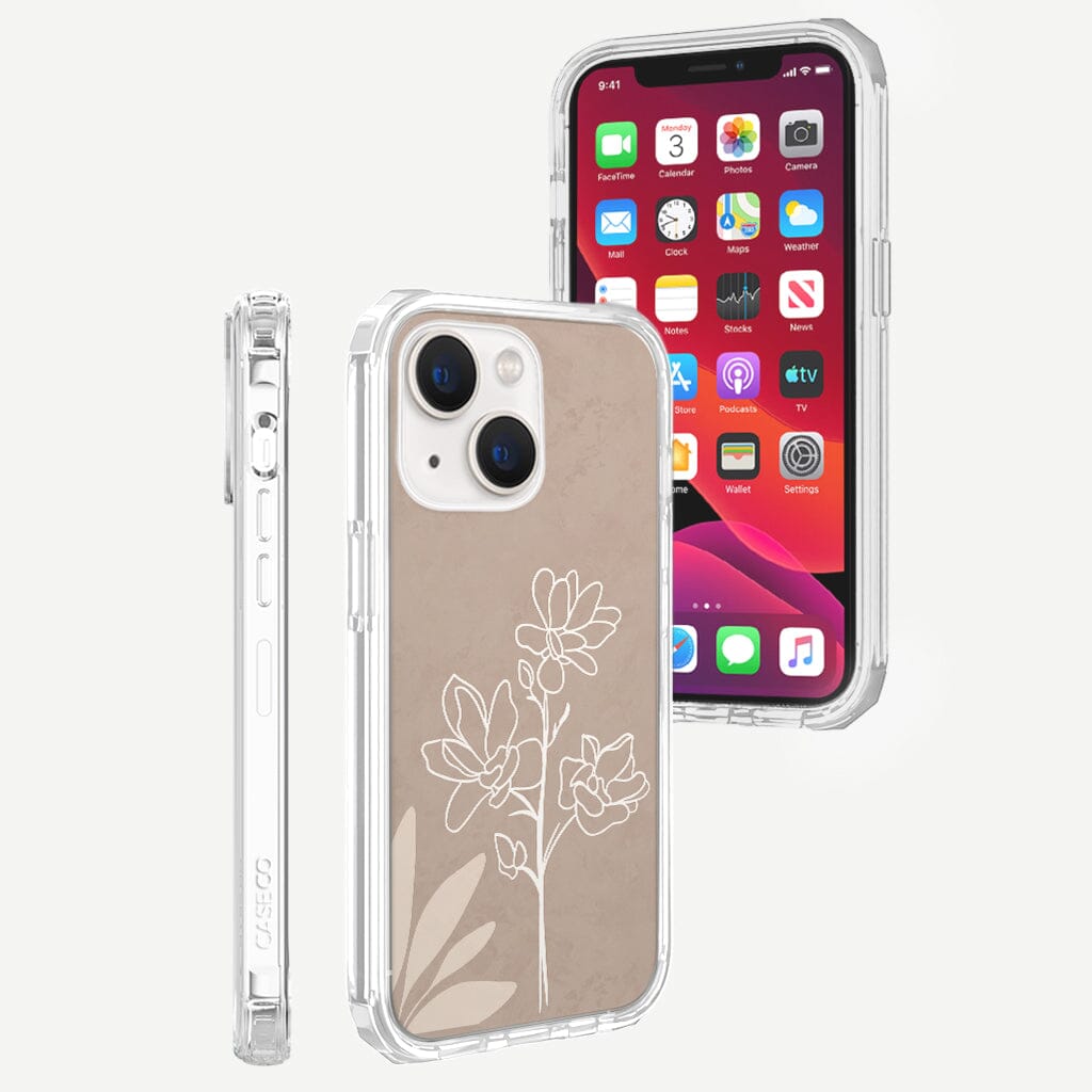 iPhone 13 Mini In Bloom Design Clear Case Floral Brown with MagSafe (Rear and Front View)