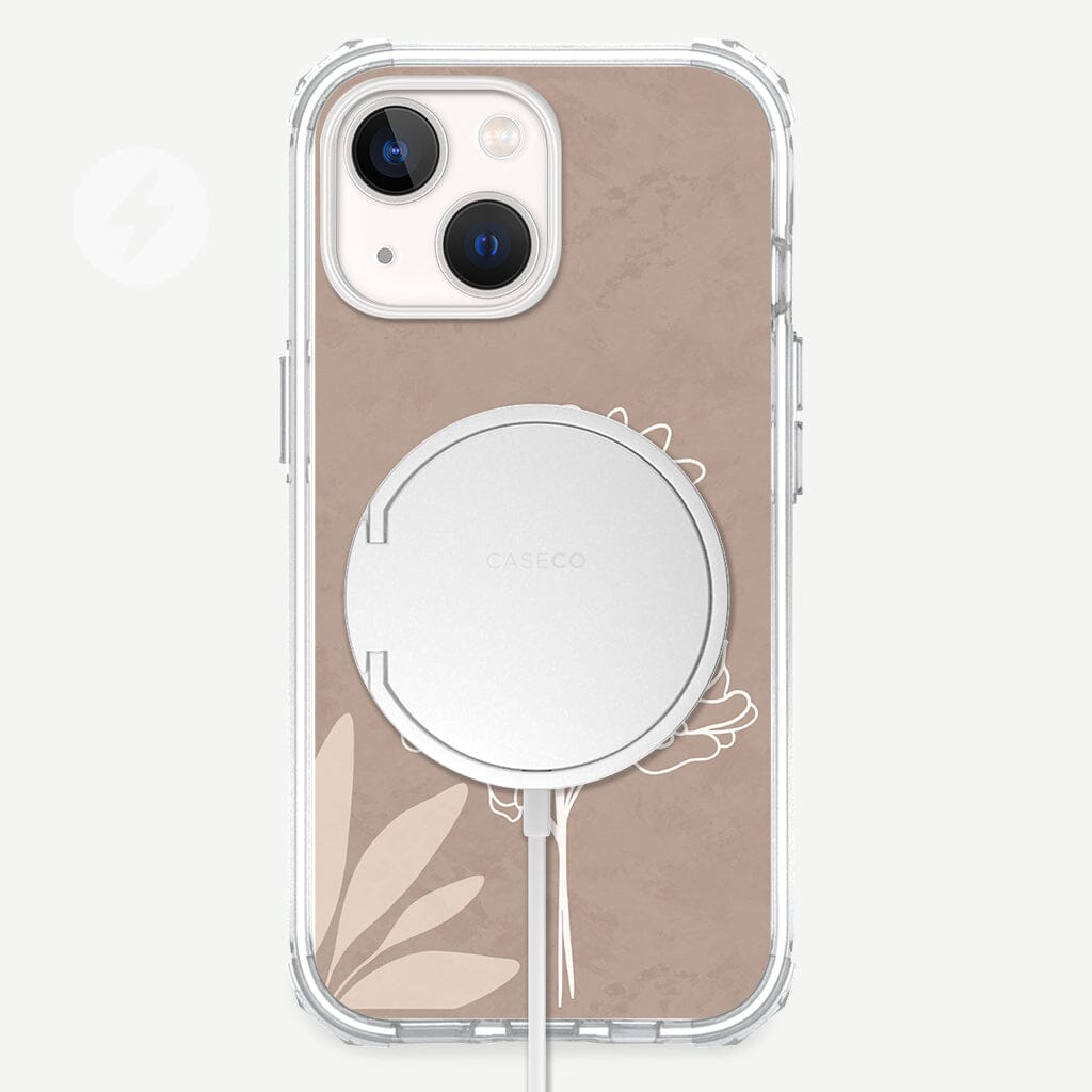 iPhone 13 Mini In Bloom Design Clear Case Floral Brown with MagSafe (Front View)
