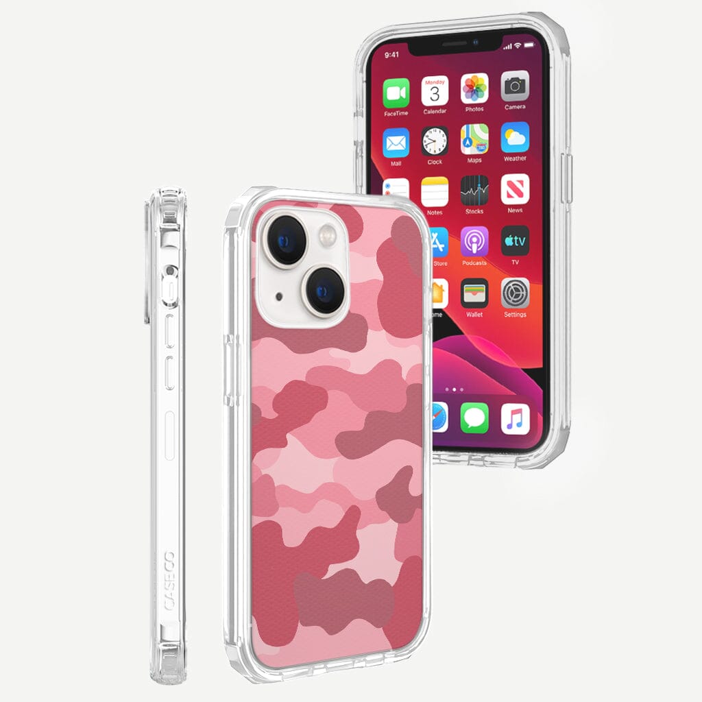 iPhone 13 Mini Pink Design Clear Case Camo Pink with MagSafe (Back and Front View)