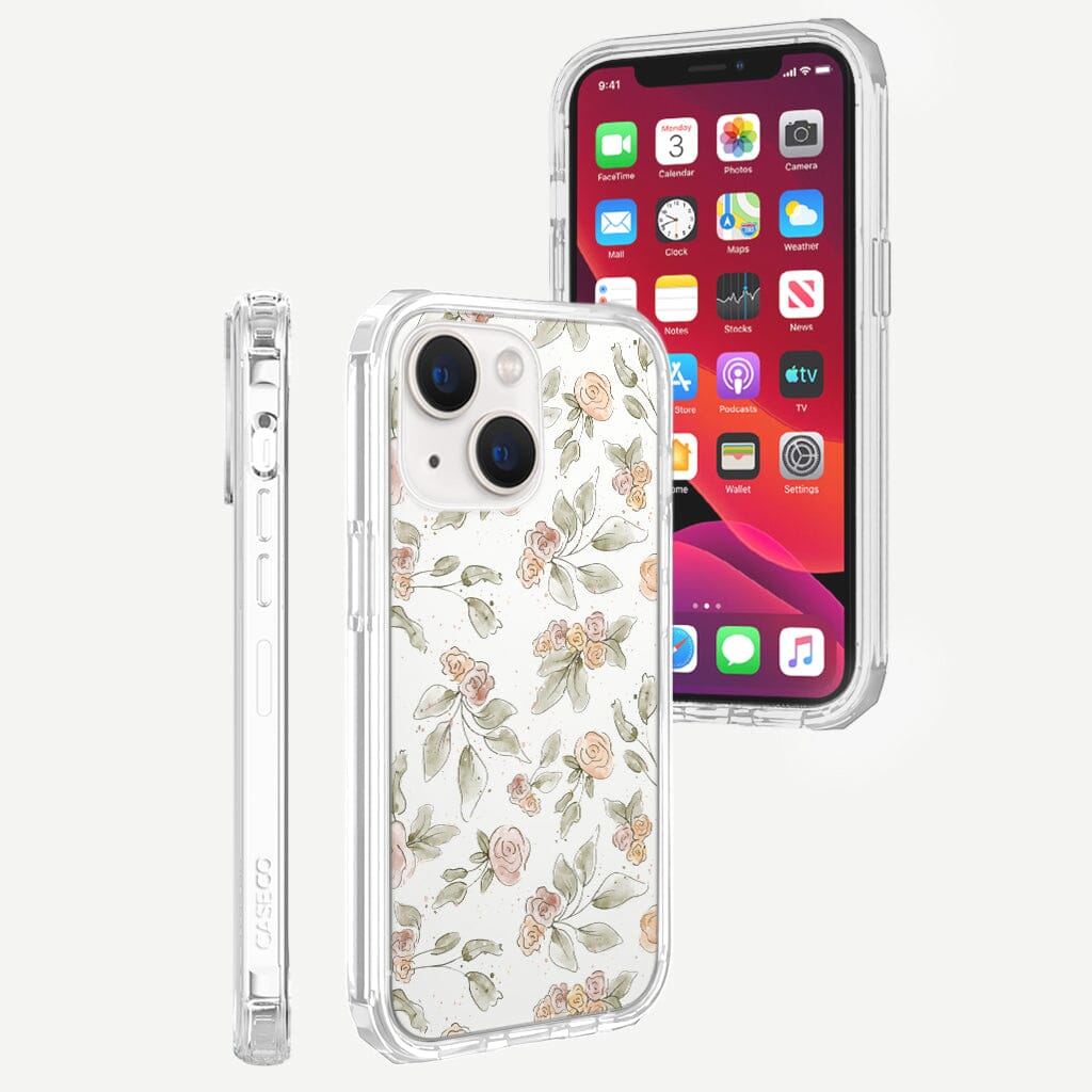 iPhone 13 Mini Rosette Design Clear Case Floral White with MagSafe (Rear and Front View)