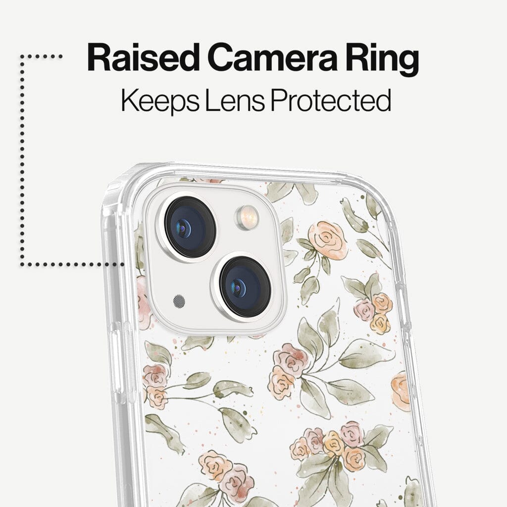 iPhone 13 Mini Rosette Design Clear Case Floral White with MagSafe (Raise Camera Ring that Keeps Lens Protected)