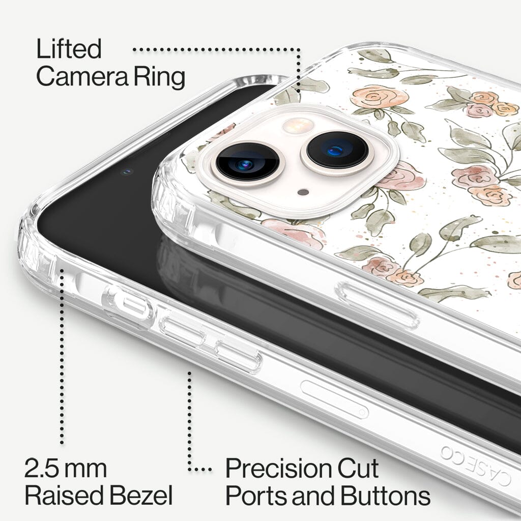 iPhone 13 Mini Rosette Design Clear Case Floral White with MagSafe (Raised Bezel and Precision Cut Ports and Buttons)