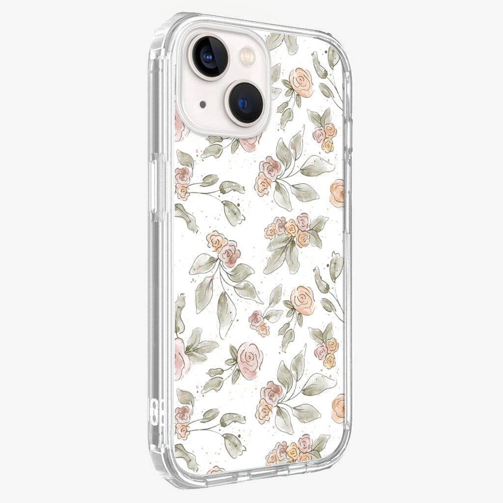 iPhone 13 Mini Rosette Design Clear Case Floral White with MagSafe (Side Angle View)