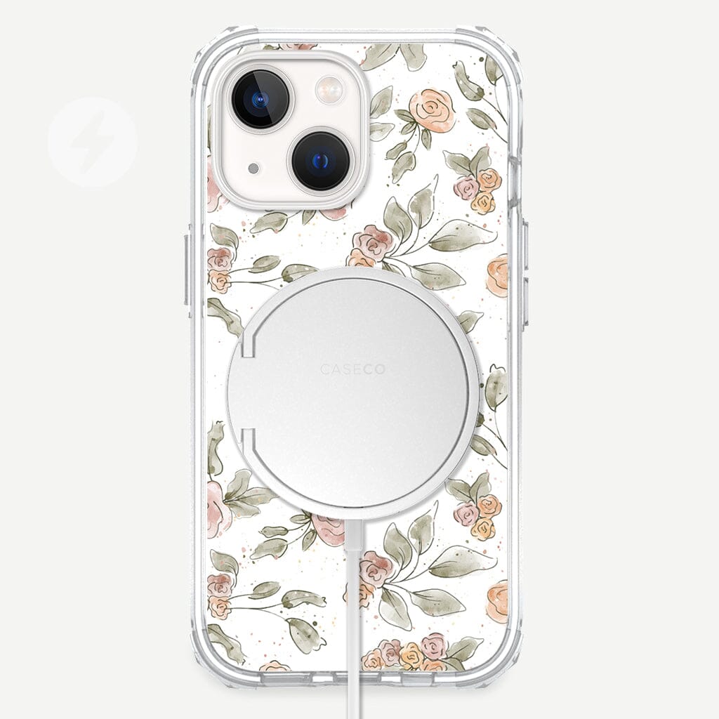 iPhone 13 Mini Rosette Design Clear Case Floral White with MagSafe (Front View)