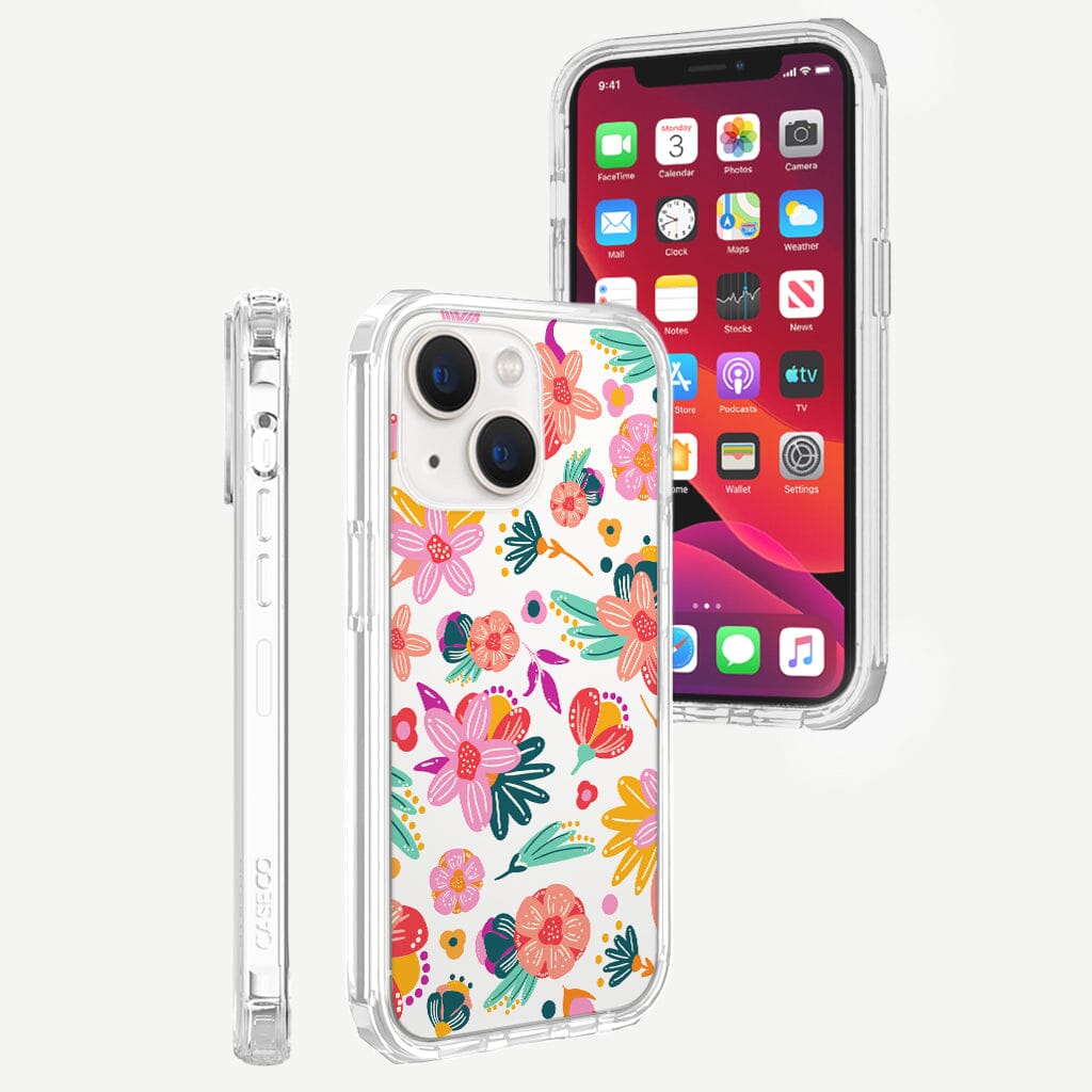 iPhone 13 Mini Spring Flowers Design Clear Case Floral White with MagSafe (Rear and Front View)