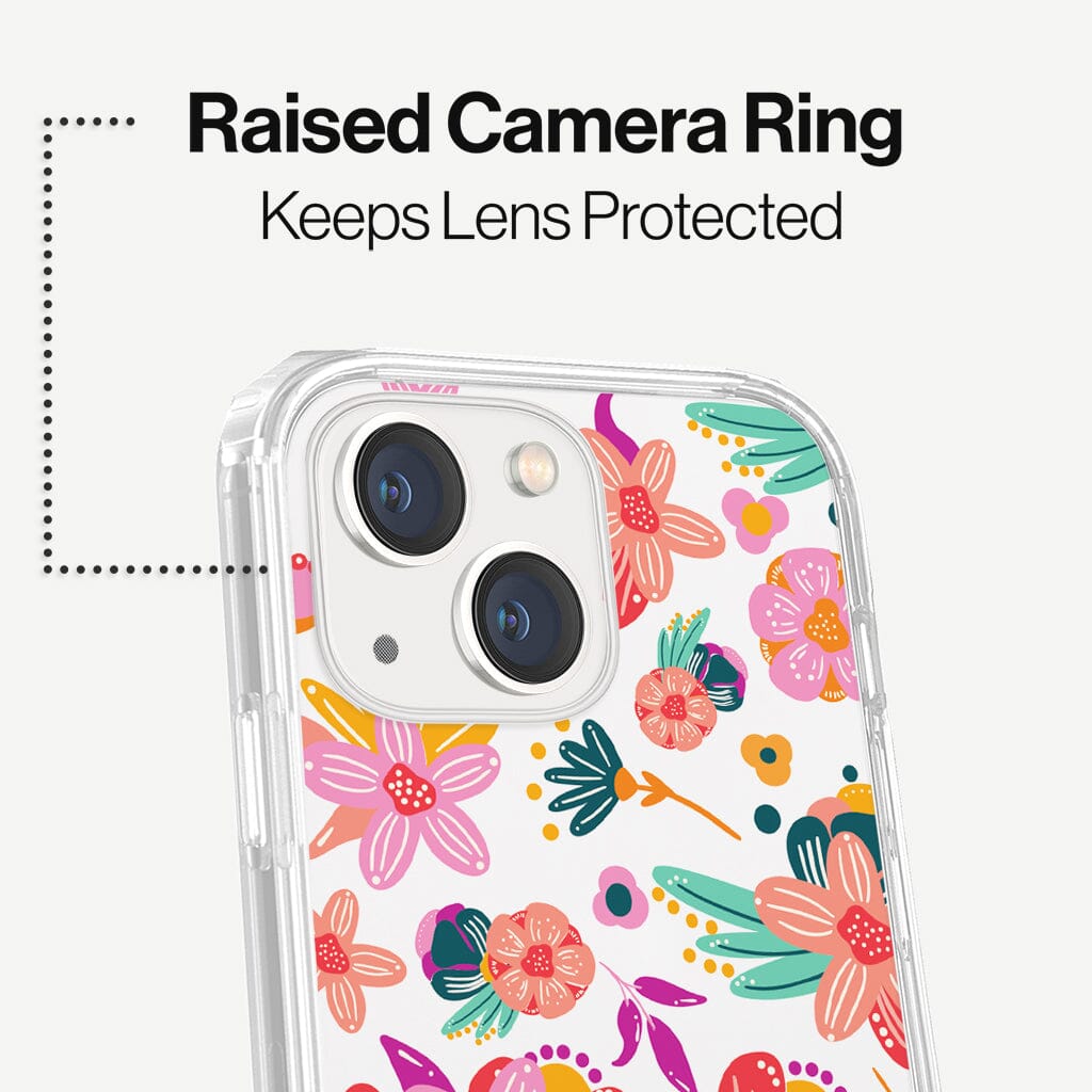 iPhone 13 Mini Spring Flowers Design Clear Case Floral White with MagSafe (Raise Camera Ring that Keeps Lens Protected)