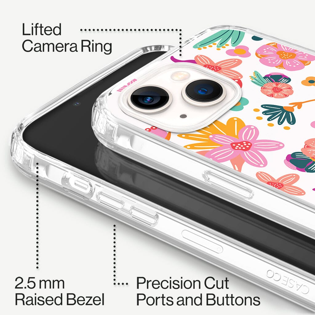 iPhone 13 Mini Spring Flowers Design Clear Case Floral White with MagSafe (Raised Bezel and Precision Cut Ports and Buttons)