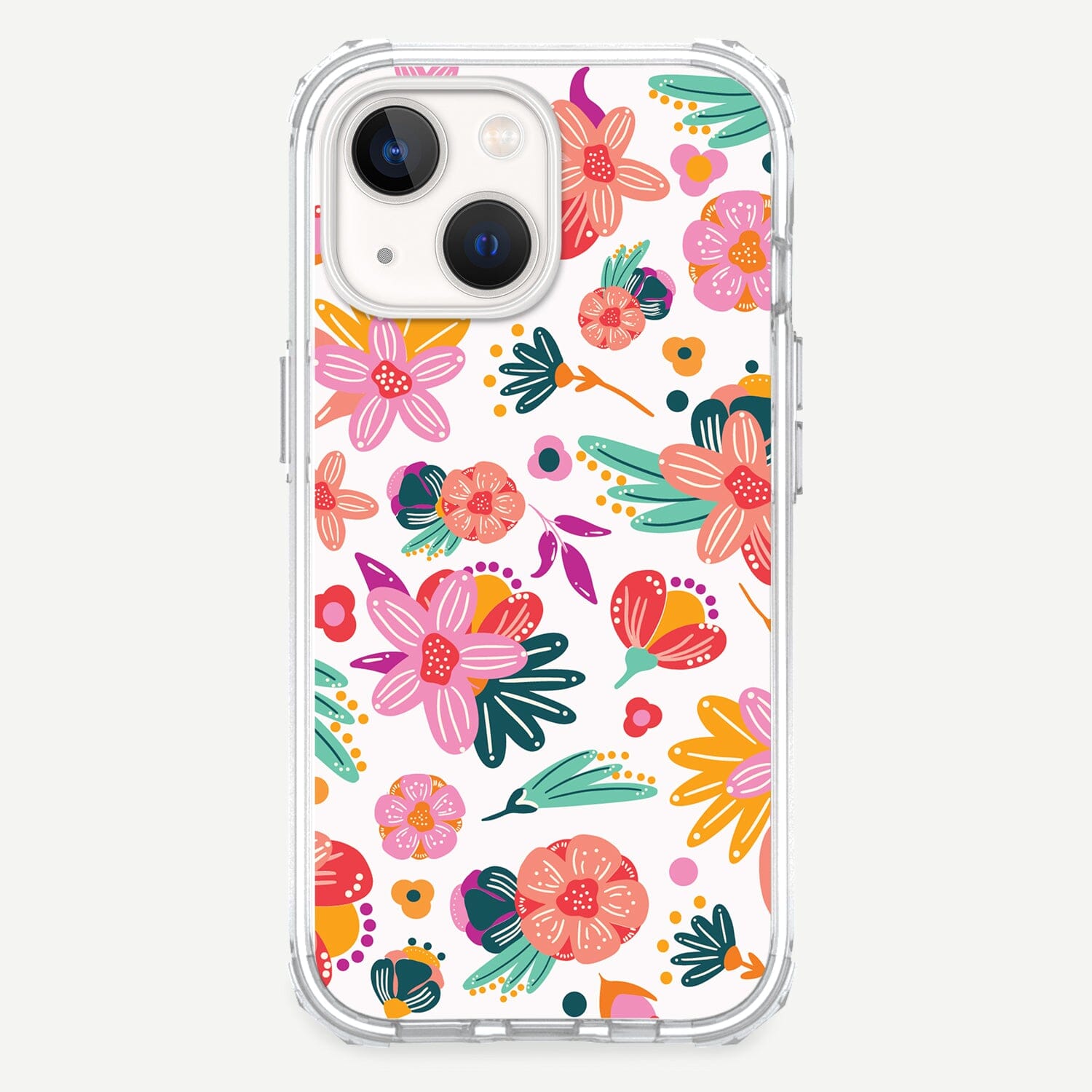 iPhone 13 Mini Spring Flowers Design Clear Case Floral White with MagSafe (Front Design View)