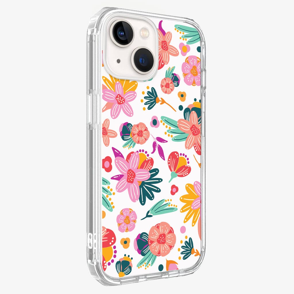 iPhone 13 Mini Spring Flowers Design Clear Case Floral White with MagSafe (Side Angle View)