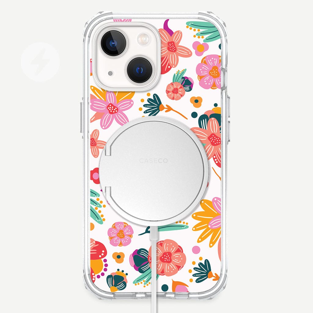 iPhone 13 Mini Spring Flowers Design Clear Case Floral White with MagSafe (Front View)