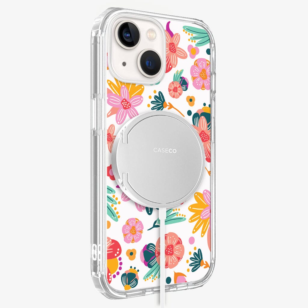 iPhone 13 Mini Spring Flowers Design Clear Case Floral White with MagSafe (Side View)