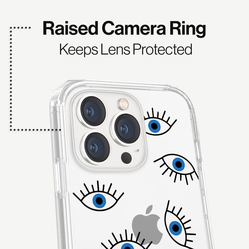 iPhone 13 Pro Blue Evil Eye Design Clear Case Abstract White with MagSafe (Raise Camera Ring that Keeps Lens Protected)