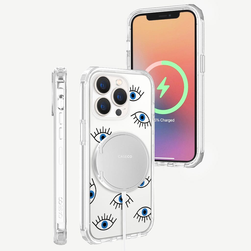 iPhone 13 Pro Blue Evil Eye Design Clear Case Abstract White with MagSafe (Raised Bezel and Precision Cut Ports and Buttons)