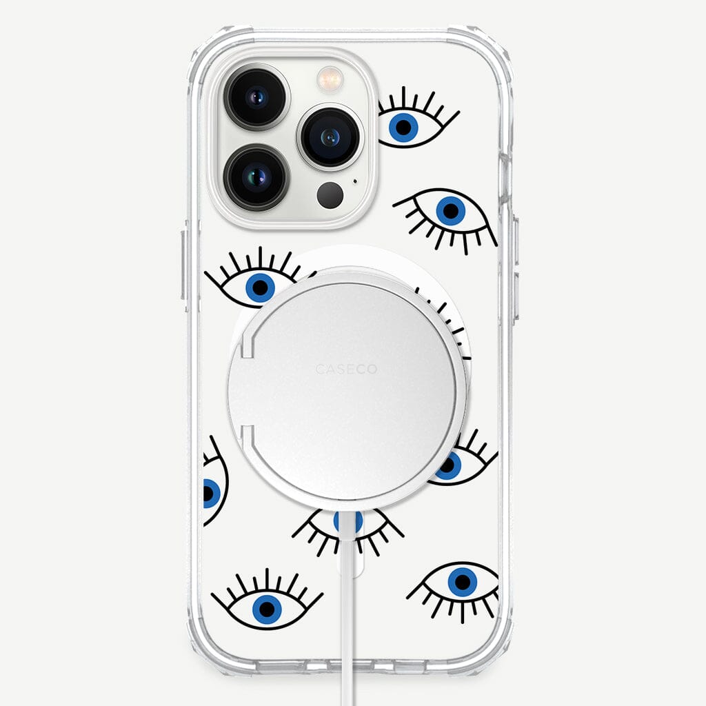 iPhone 13 Pro Blue Evil Eye Design Clear Case Abstract White with MagSafe (Front Design View)
