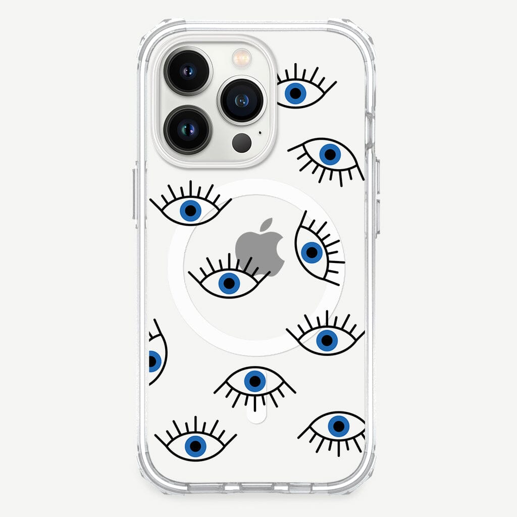 iPhone 13 Pro Blue Evil Eye Design Clear Case Abstract White with MagSafe (Front View)