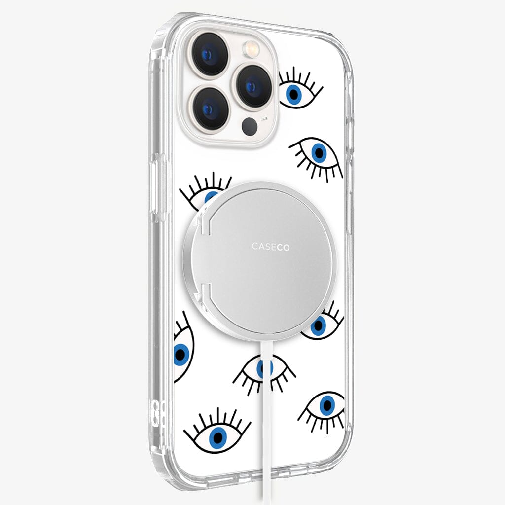 iPhone 13 Pro Blue Evil Eye Design Clear Case Abstract White with MagSafe (Side View)