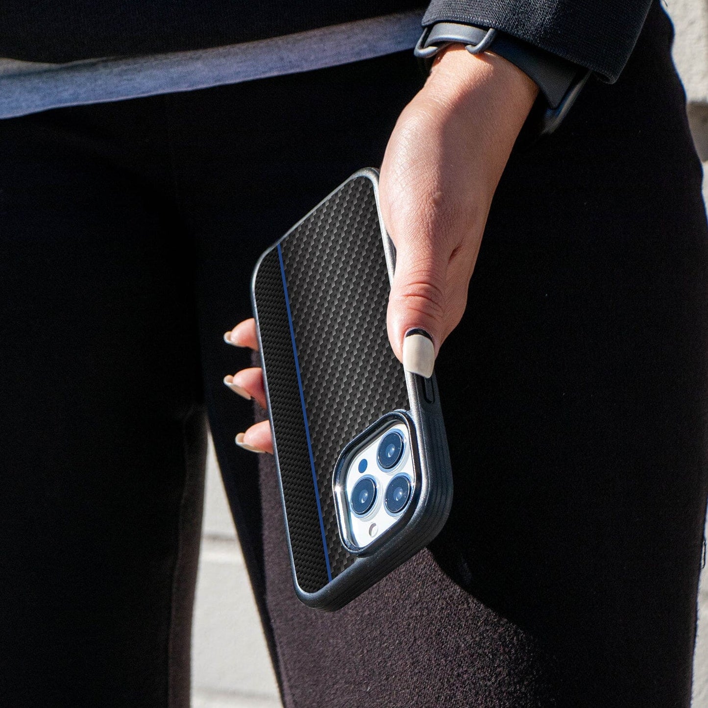iPhone 13 Pro Blue Line Design Fremont Grip Case Black Carbon Fiber with MagSafe (On Hand)