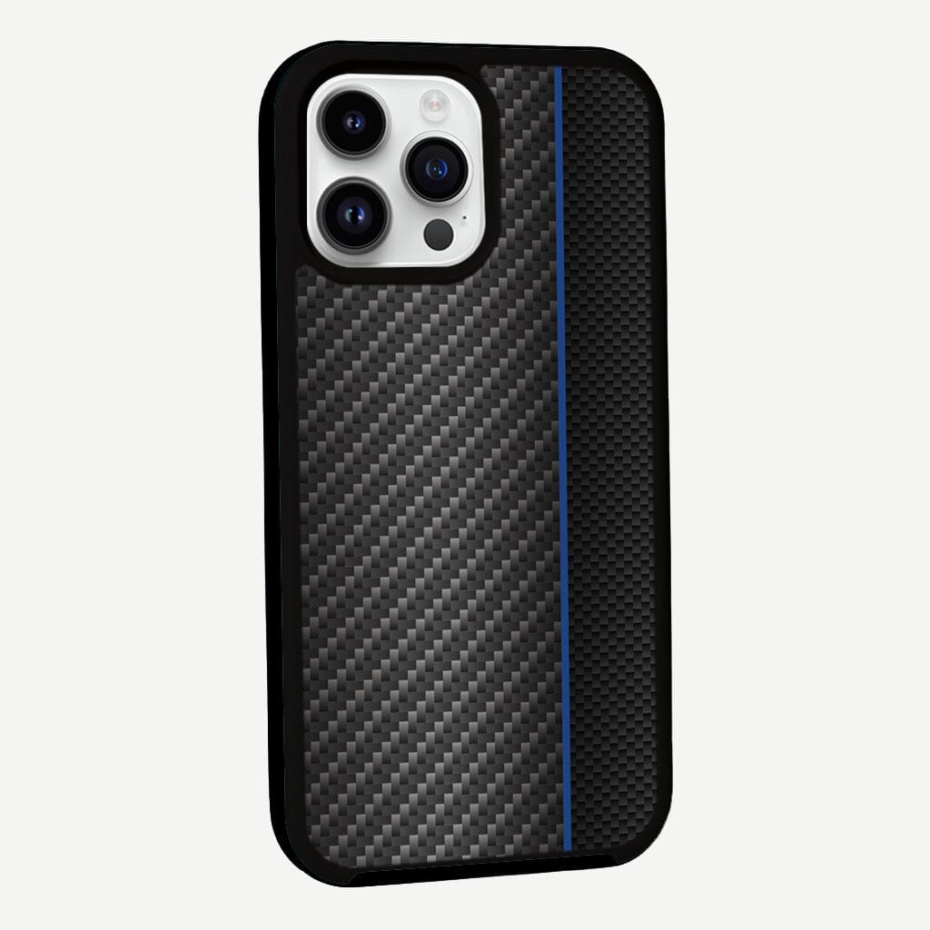iPhone 13 Pro Blue Line Design Fremont Grip Case Black Carbon Fiber with MagSafe (Side View)