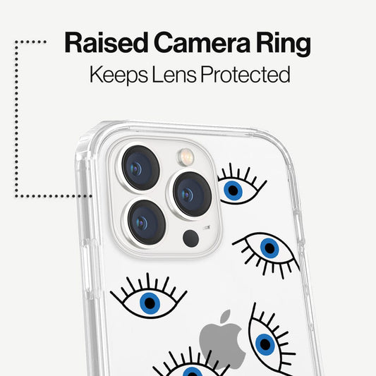 iPhone 13 Pro Max Blue Evil Eye Design Clear Case Abstract White with MagSafe (Raise Camera Ring that Keeps Lens Protected)