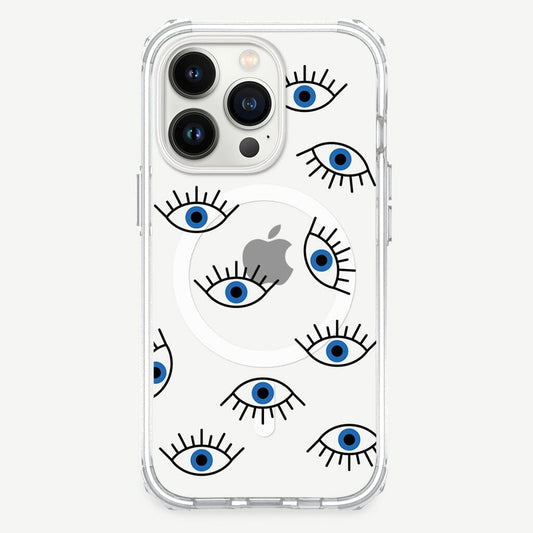 iPhone 13 Pro Max Blue Evil Eye Design Clear Case Abstract White with MagSafe (Front View)