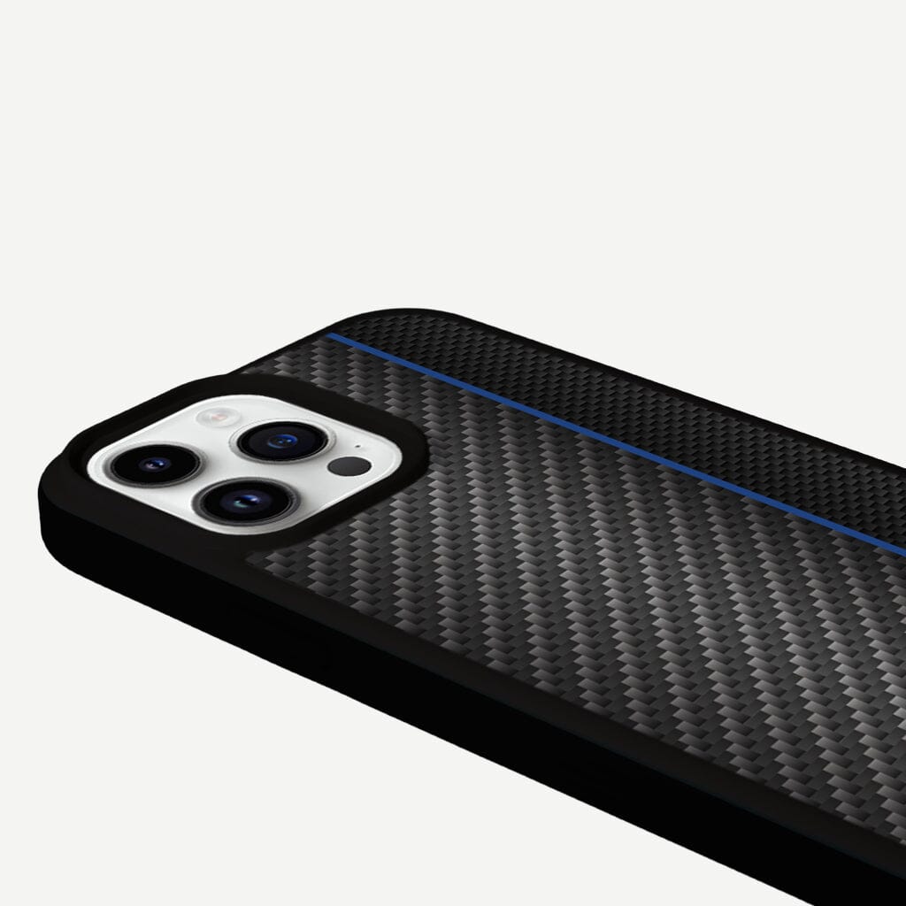 iPhone 13 Pro Max Blue Line Design Fremont Grip Case Black Carbon Fiber with MagSafe (Camera View)