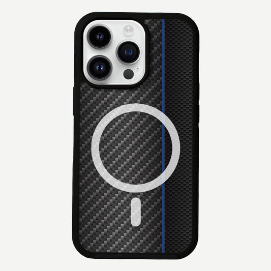 iPhone 13 Pro Max Blue Line Design Fremont Grip Case Black Carbon Fiber with MagSafe (Front View)