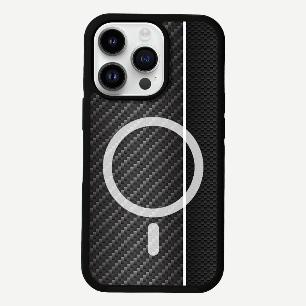 iPhone 13 Pro Max White Line Design Fremont Grip Case Black Carbon Fiber with MagSafe (Front View)