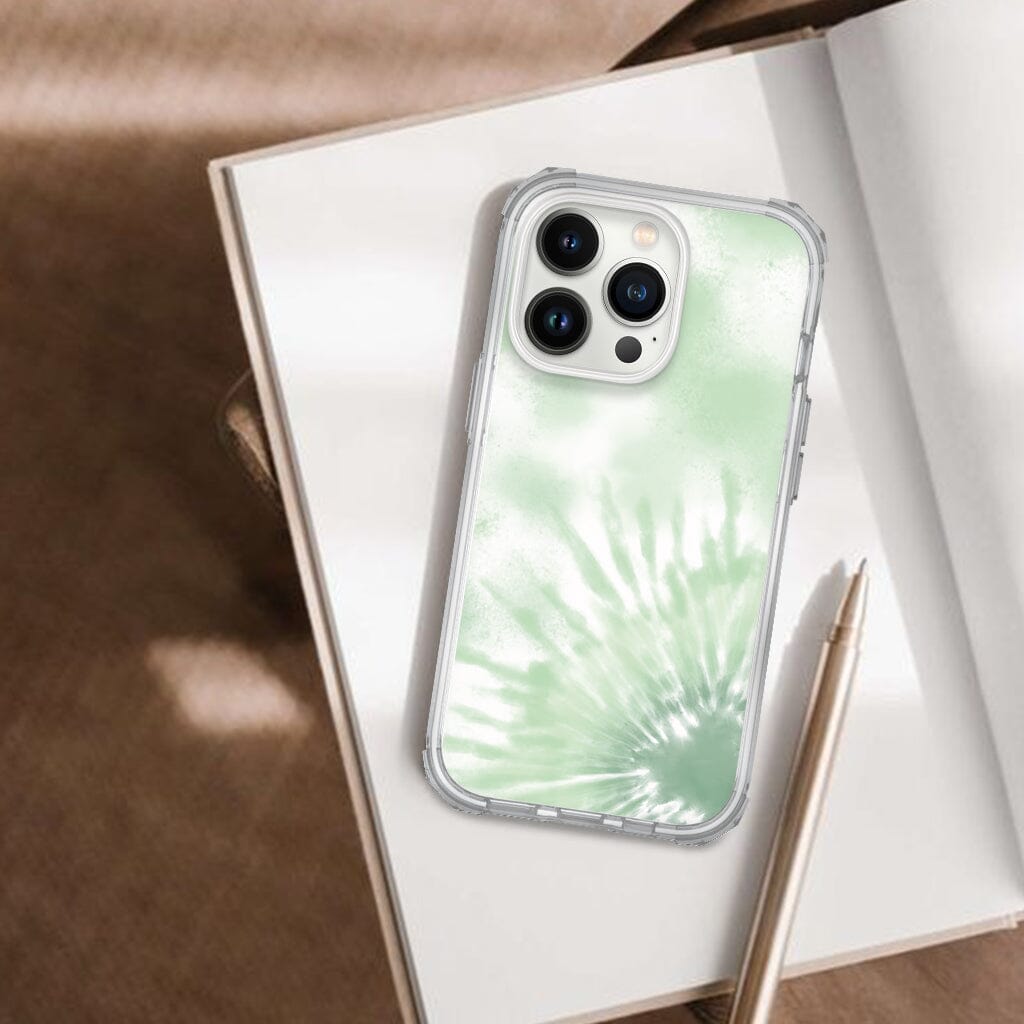iPhone 13 Pro Mint Design Clear Case Tie Dye Green with MagSafe (On Top Of Book with Pencil)