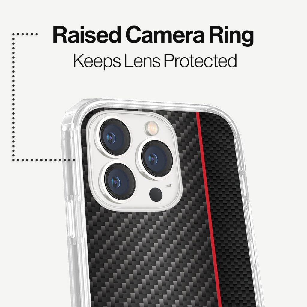 iPhone 13 Pro Red Line Design Clear Case Black Carbon Fiber with MagSafe (Raise Camera Ring that Keeps Lens Protected)