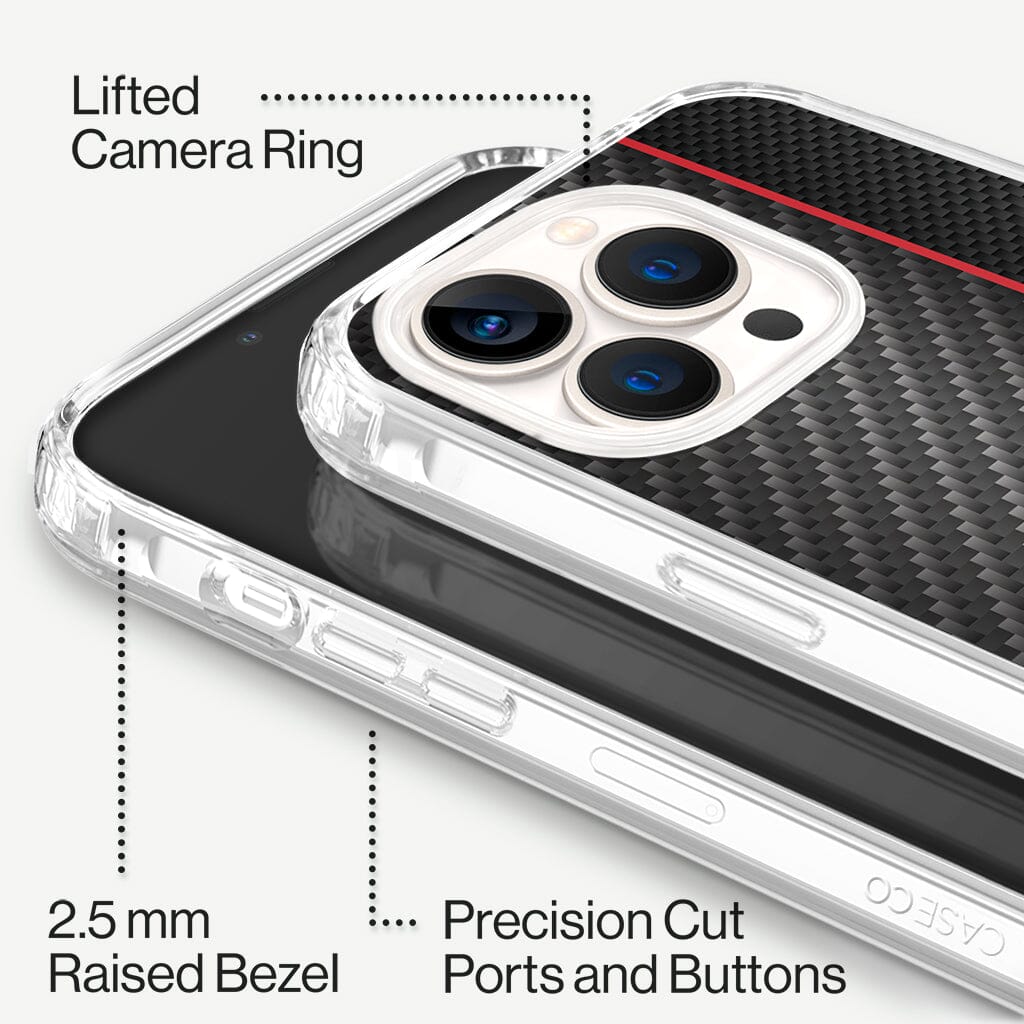 iPhone 13 Pro Red Line Design Clear Case Black Carbon Fiber with MagSafe (Raised Bezel and Precision Cut Ports and Buttons)