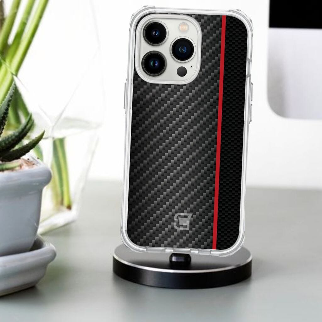 iPhone 13 Pro Red Line Design Clear Case Black Carbon Fiber with MagSafe (On Top Of Table)