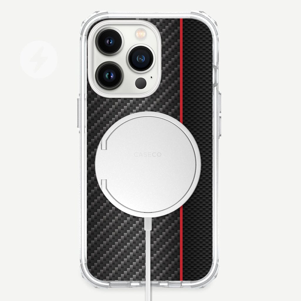 iPhone 13 Pro Red Line Design Clear Case Black Carbon Fiber with MagSafe (Front View)