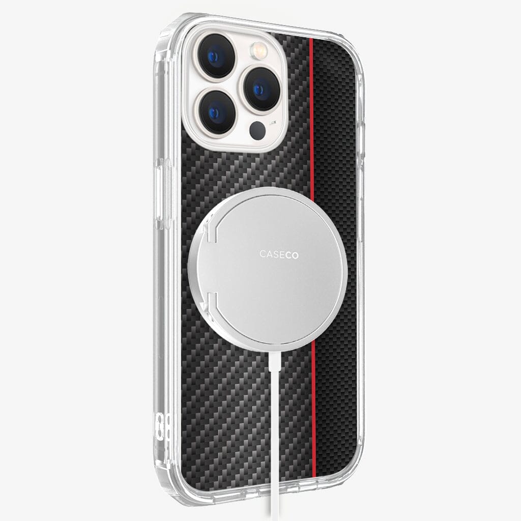 iPhone 13 Pro Red Line Design Clear Case Black Carbon Fiber with MagSafe (Side View)