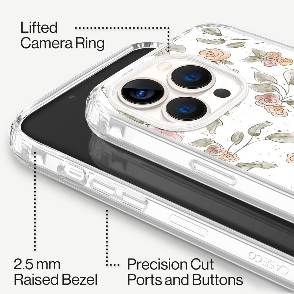 iPhone 13 Pro Rosette Design Clear Case Floral White with MagSafe (Raised Bezel and Precision Cut Ports and Buttons)