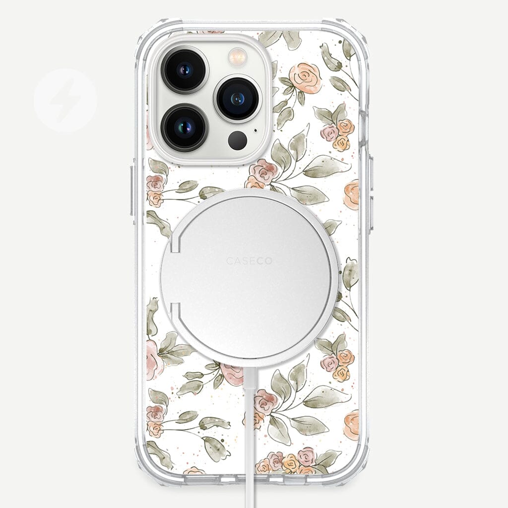 iPhone 13 Pro Rosette Design Clear Case Floral White with MagSafe (Front View)