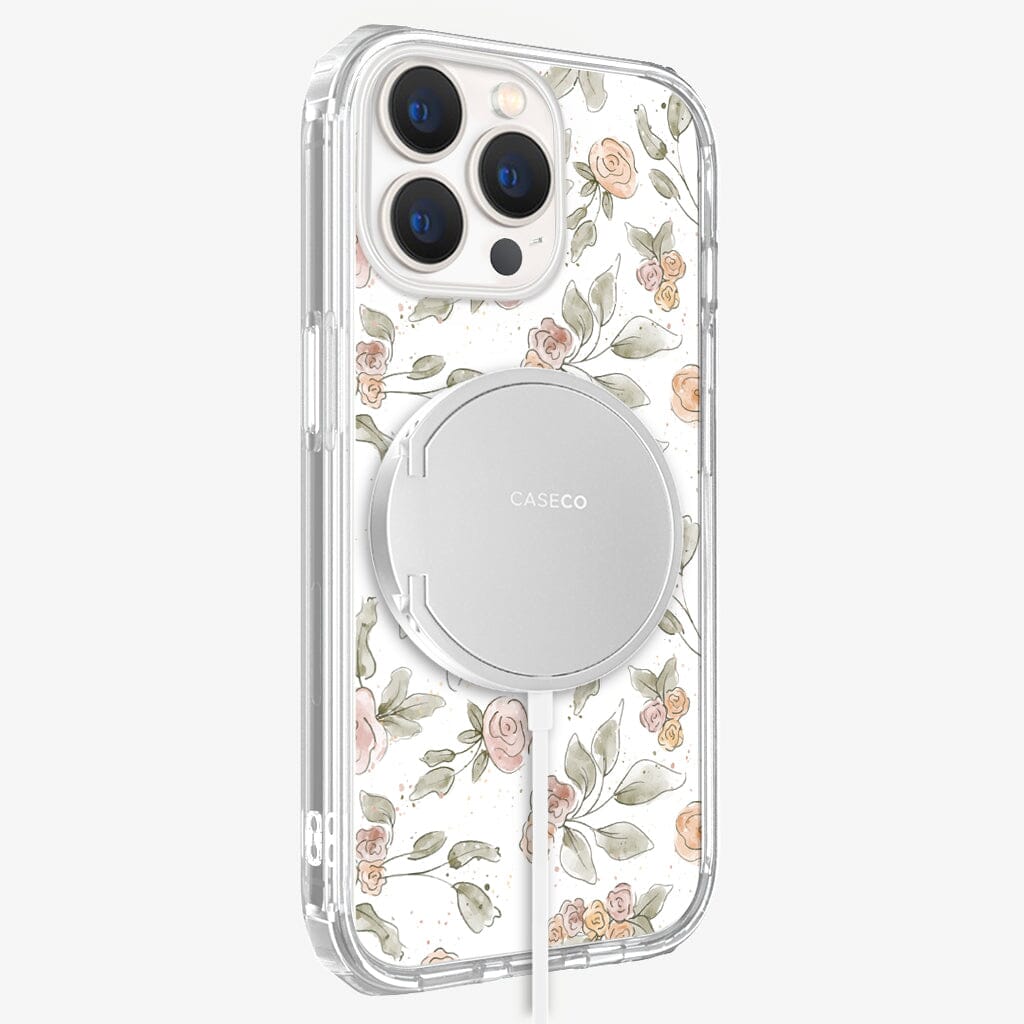 iPhone 13 Pro Rosette Design Clear Case Floral White with MagSafe (Side View)