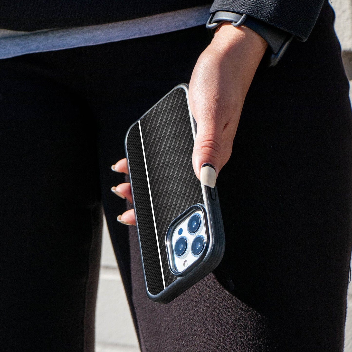 iPhone 13 Pro White Line Design Fremont Grip Case Black Carbon Fiber with MagSafe (On Hand)