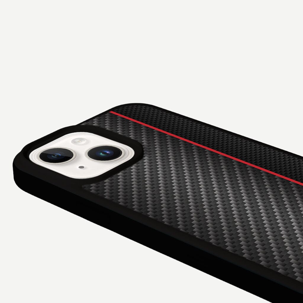 iPhone 13 Red Line Design Fremont Grip Case Black Carbon Fiber with MagSafe (Camera View)
