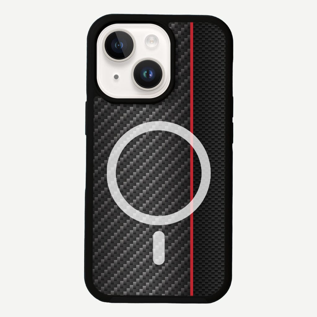 iPhone 13 Red Line Design Fremont Grip Case Black Carbon Fiber with MagSafe (Front View)