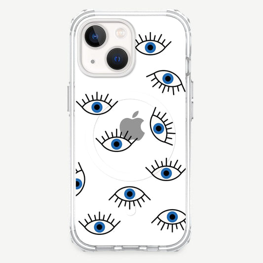 iPhone 14 Blue Evil Eye Design Clear Case Abstract White with MagSafe (Front View)