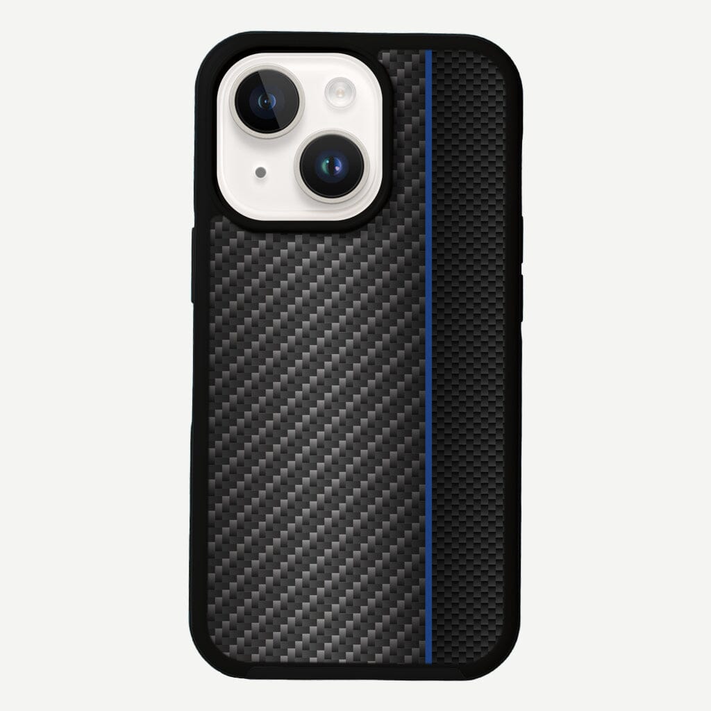 iPhone 14 Blue Line Design Fremont Grip Case Black Carbon Fiber with MagSafe (Front Design View)