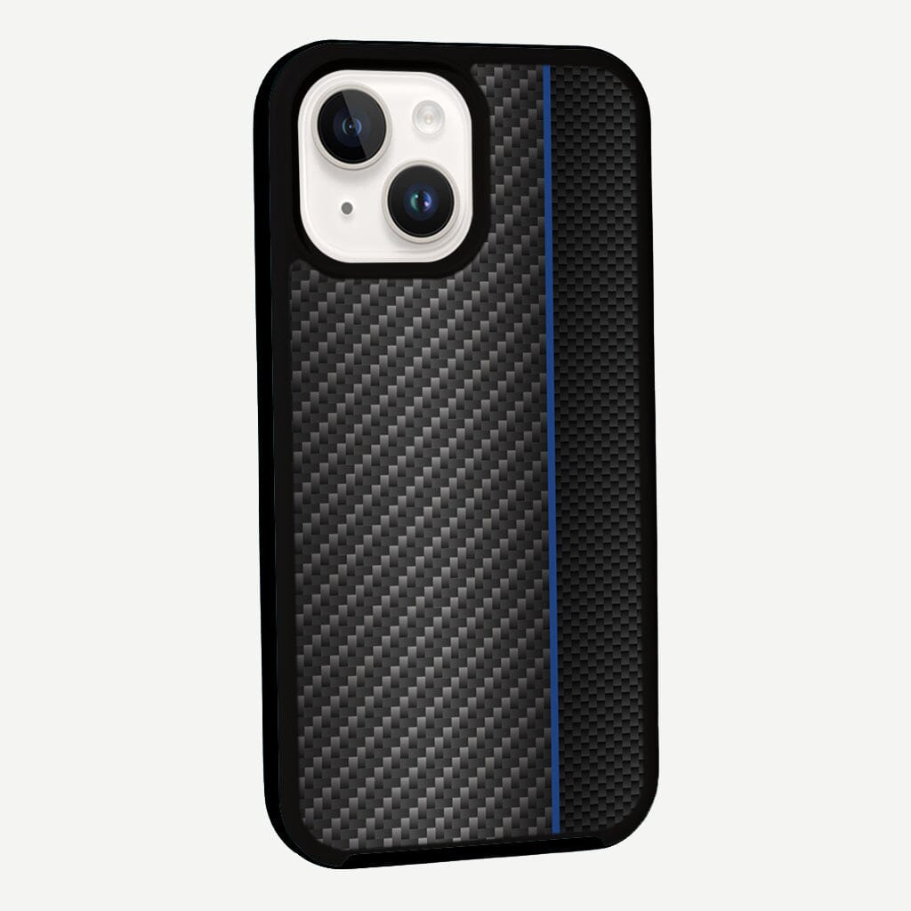 iPhone 14 Blue Line Design Fremont Grip Case Black Carbon Fiber with MagSafe (Side View)