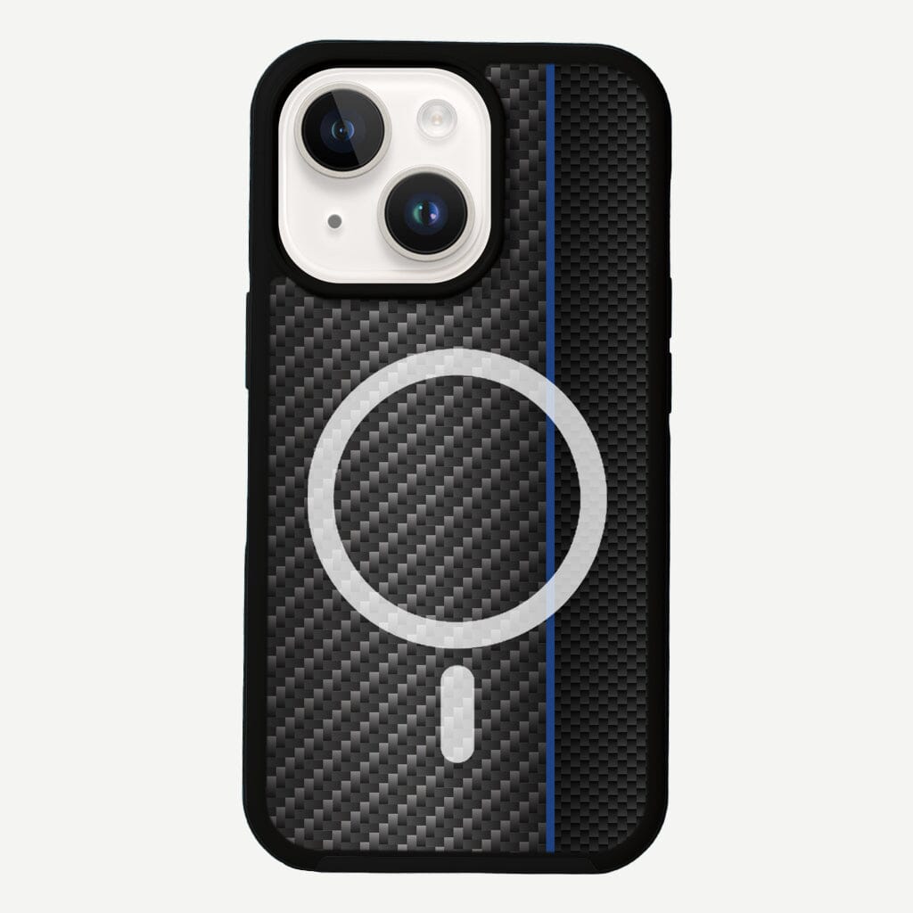 iPhone 14 Blue Line Design Fremont Grip Case Black Carbon Fiber with MagSafe (Front View)