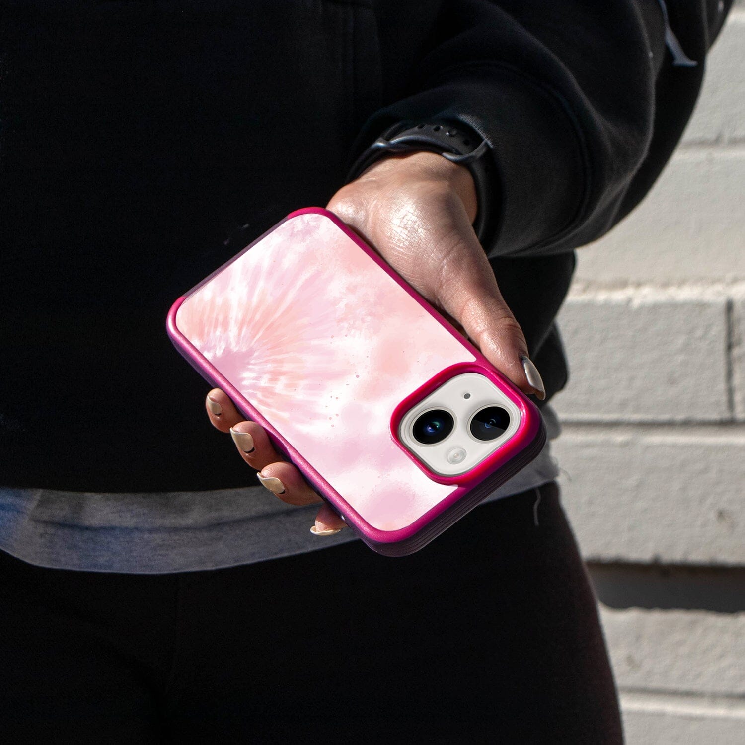 iPhone 14 Pink Bubble Gum Tie Dye Case - Fremont Grip (Girl in Black Holding a Phone)
