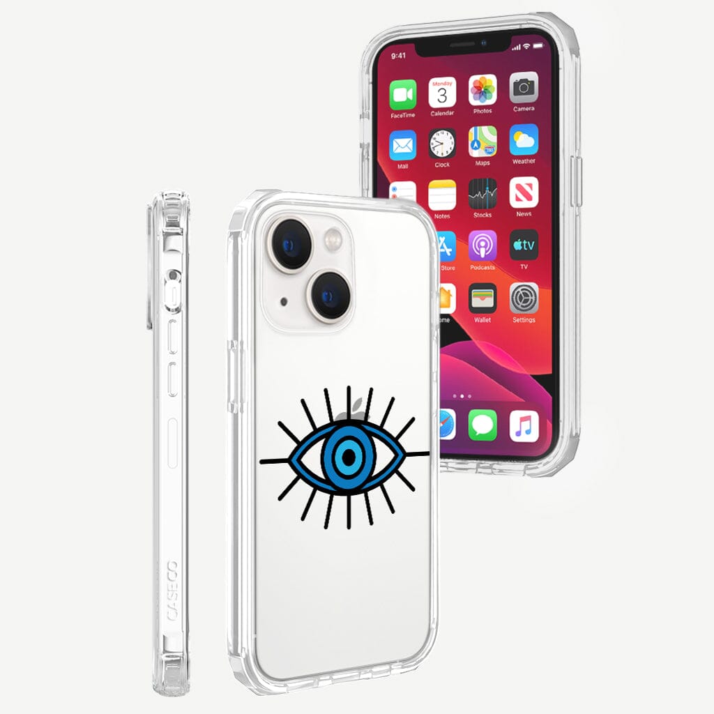 iPhone 14 Blue Evil Eye Design Clear Case White Floral with MagSafe (Back and Front View)