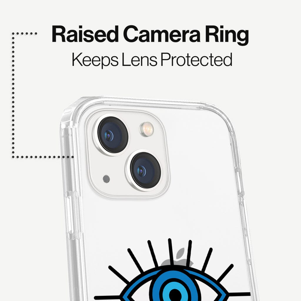 iPhone 14 Blue Evil Eye Design Clear Case White Floral with MagSafe (Raise Camera Ring that Keeps Lens Protected)