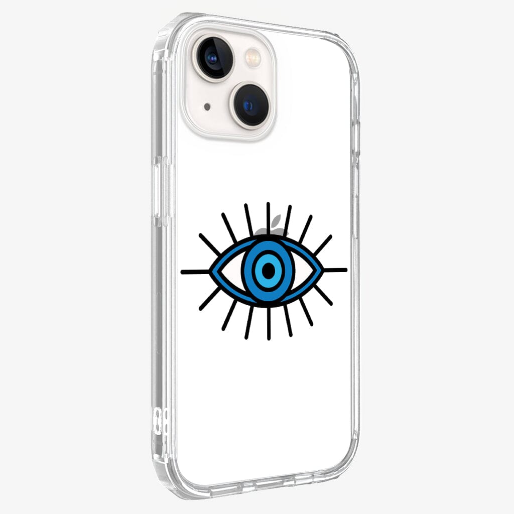 iPhone 14 Blue Evil Eye Design Clear Case White Floral with MagSafe (Side View)
